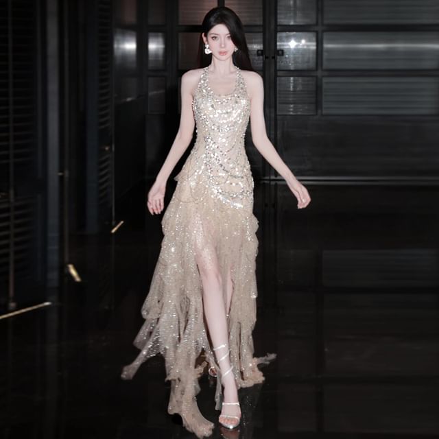 Caprice - Halter Neck Sequin Asymmetrical Fringed Open Back A-Line Cocktail  Dress | YesStyle