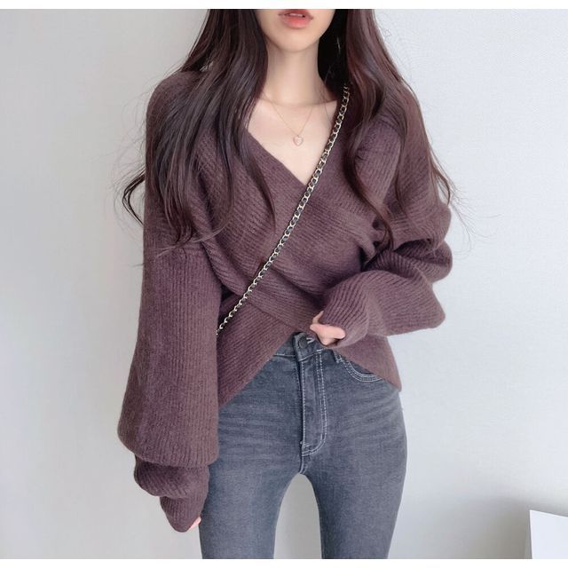 ISSOL-Long Sleeve V-Neck Asymmetrical Sweater