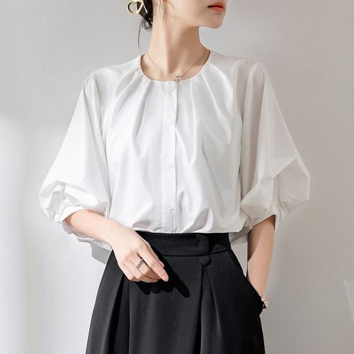 【ENEU】 waist balloon blouse Gathered Waist Balloon Sleeve Blouse Black | NA-KD