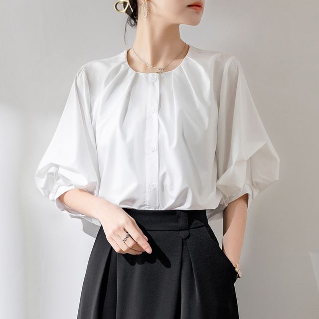 INEN-Balloon Sleeve Round Neck Plain Ruched Blouse