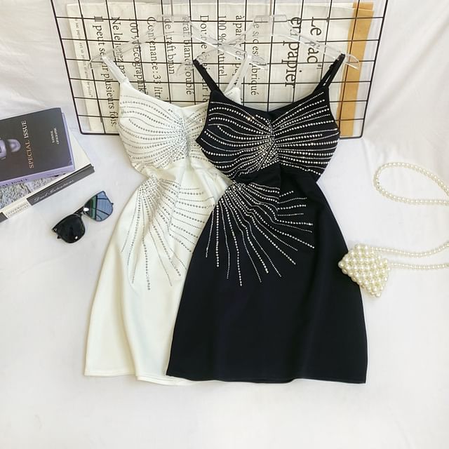 Iasia-Spaghetti Strap Rhinestone Mini A-Line Dress