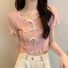 Sisyphi - Short-Sleeve Ribbon Accent Crop Knit Top | YesStyle