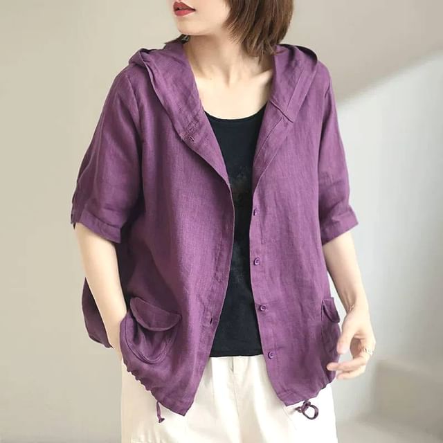 Lewwe-Short-Sleeve Plain Hooded Button Jacket