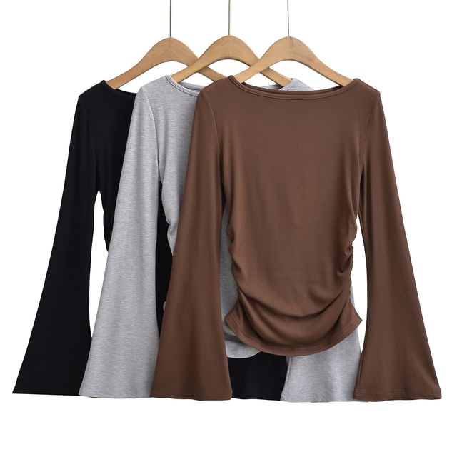 Asiris-Flared-Cuff Plain Ribbed Shirred T-Shirt