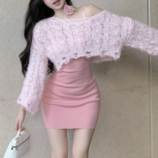 WOW!NITE Spaghetti Strap Plain Mini Bodycon Dress Off-Shoulder