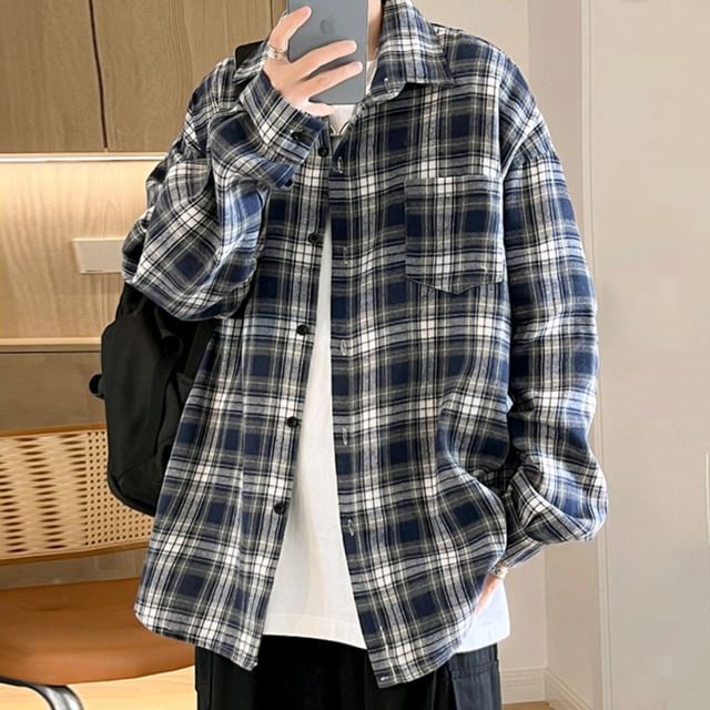 GRAYCIOUS-Long-Sleeve Pocketed Plaid Shirt