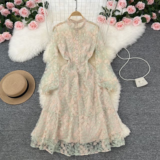 long sleeve embroidered mesh dress Floral Applique Long Sleeve Mesh Dress
