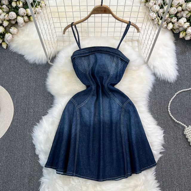 yesstyle denim dress Gourgie - Spaghetti Strap Washed A-Line Denim Dress