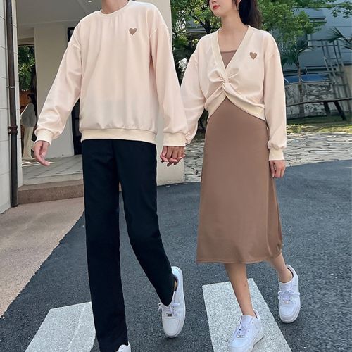 Azure Couple Matching Long-Sleeve Crew Neck Heart Embroidered
