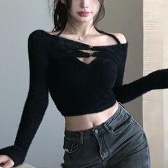 Dinse - Long-Sleeve Off-Shoulder Cropped Fluffy Knit Top