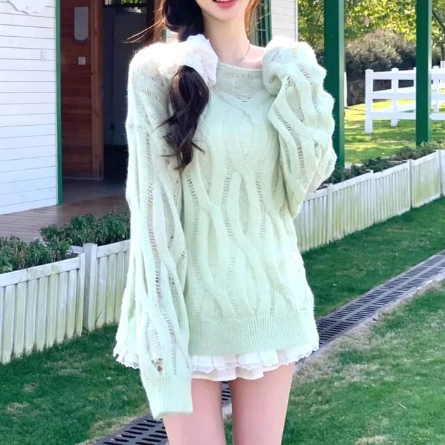 Shinsei-Long-Sleeve Boat Neck Plain Cable Knit Top