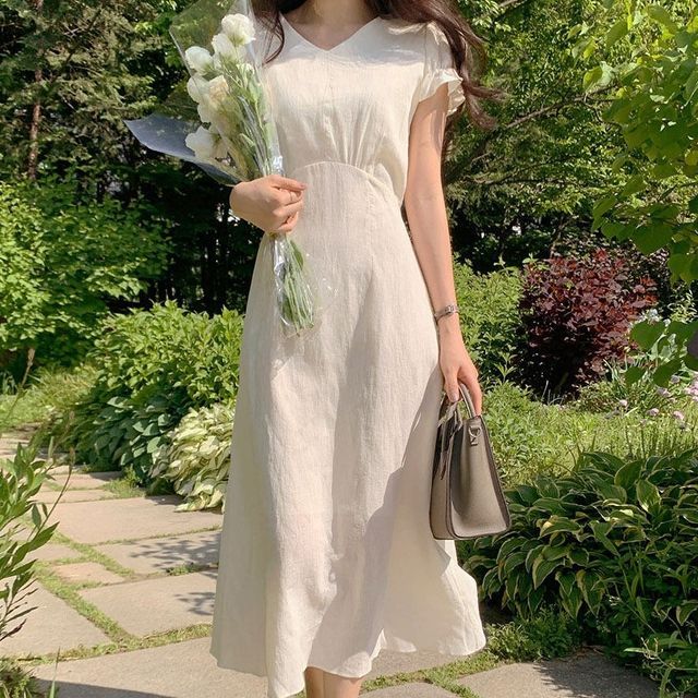 Leoom - Short-Sleeve Linen Midi A-Line Dress | YesStyle