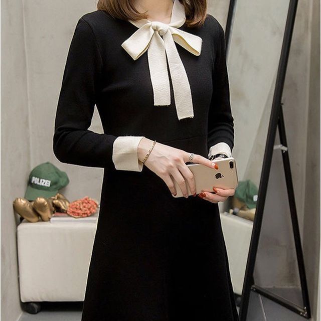 Everose-Tie-Neck Long-Sleeve A-Line Dress