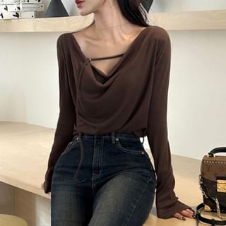 ISSOL-Long-Sleeve Cowl Neck Plain T-Shirt