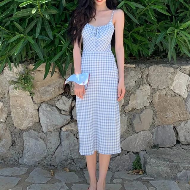 Bababy-Spaghetti Strap Plaid A-Line Dress