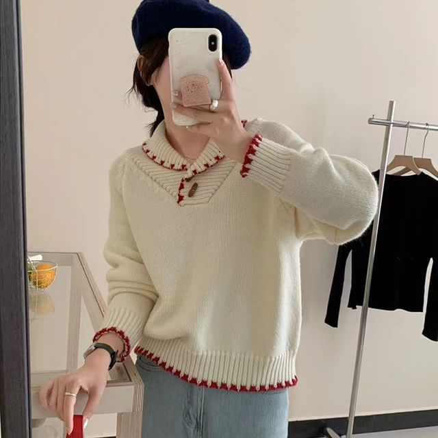 Odestra-Shawl Collar Contrast Trim Toggle Sweater