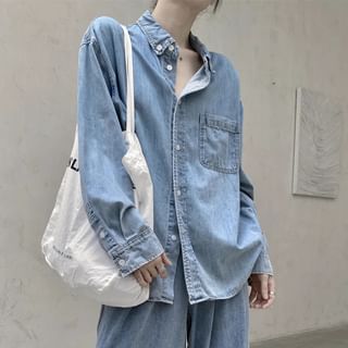 SIMPLE BLACK Collar Pocket Detail Washed Denim Shacket Sale