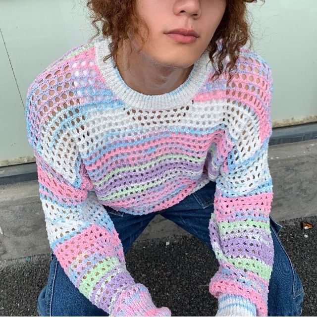 Algodon - Crew Neck Striped Pointelle Knit Sweater | YesStyle