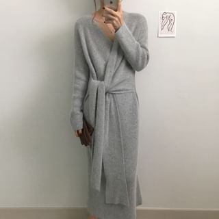 Girls Supply Long Sleeve V-Neck Plain Tie Waist Wrap Midi Sweater Dress Sale