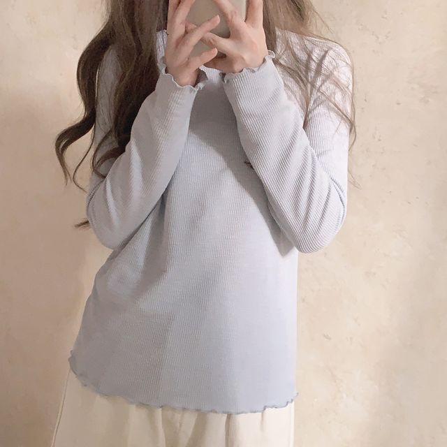 Glotto-Long-Sleeve Round Neck Plain Top