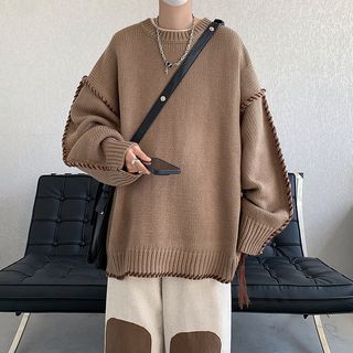 Long-Sleeve Contrast Trim Knit Sweater