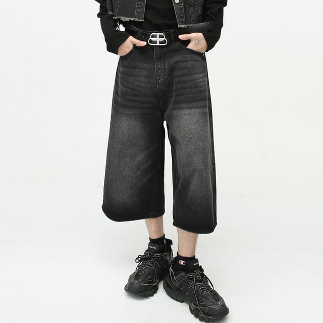 FAERIS-Mid Rise Washed Capri Wide Leg Jeans