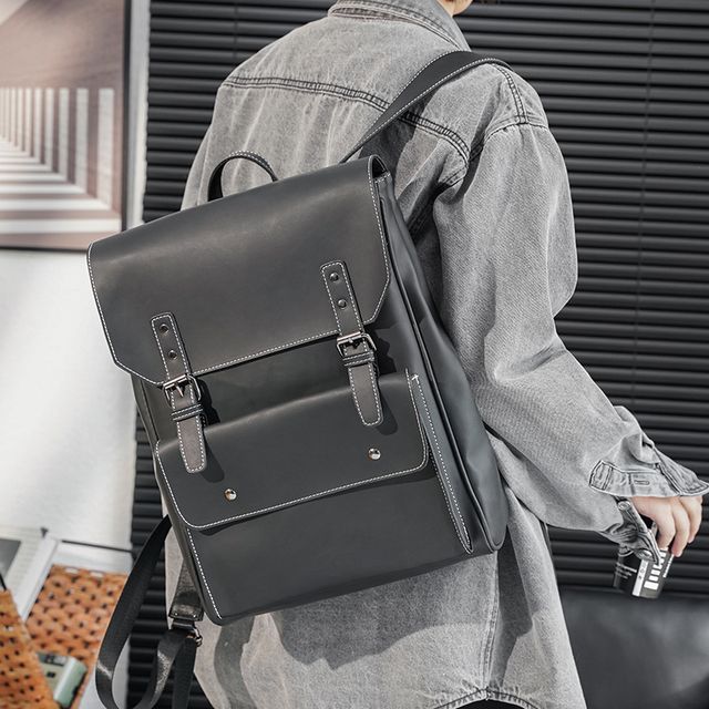 Black Faux Leather Backpack Men's Black