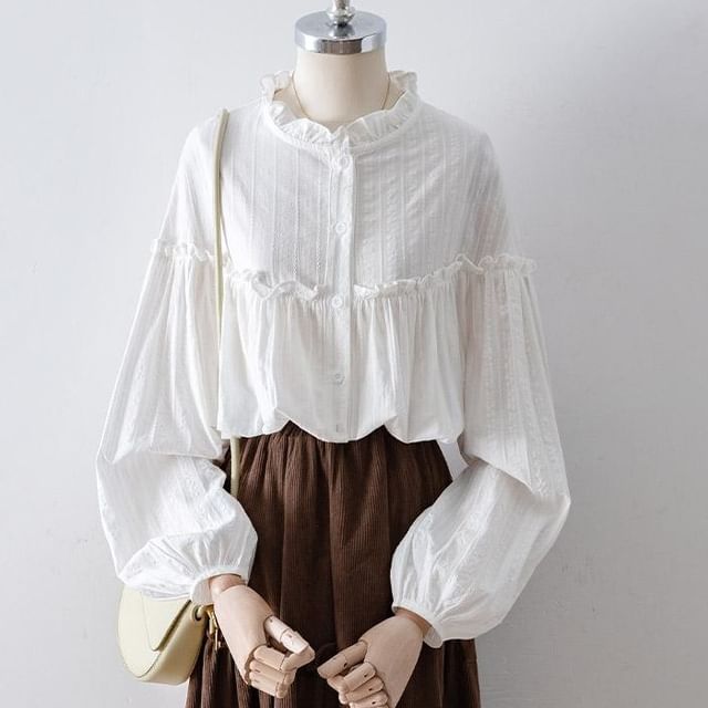 Cossita-Puff-Sleeve Pinstriped Ruffle Blouse