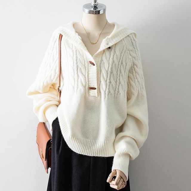 Cossita-Henley Plain Hood Cable Knit Toggle Sweater