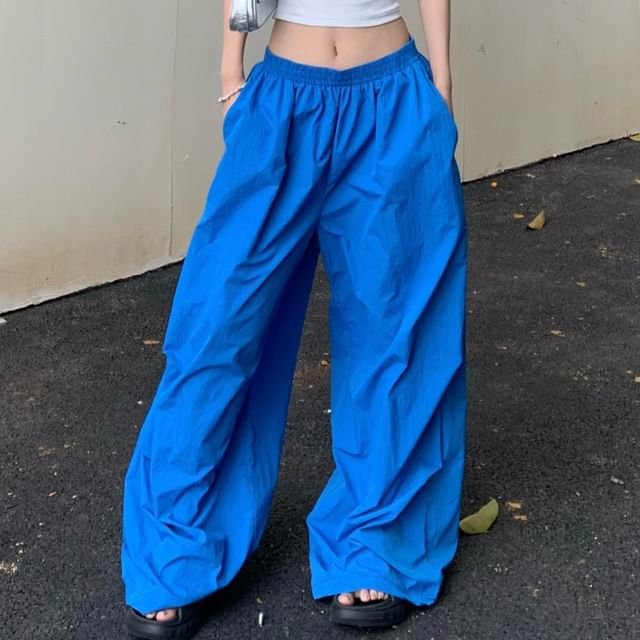 Maisee-M Elastic Waist Plain Wide Leg Pants