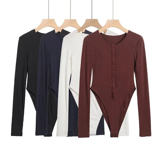 Asiris-Long-Sleeve Round Neck Plain Button Bodysuit Top