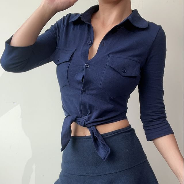 Sinora-34 Sleeve Collared Plain Crop Shirt