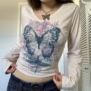 Honet - Butterfly Print V-Neck Long Sleeve T-Shirt