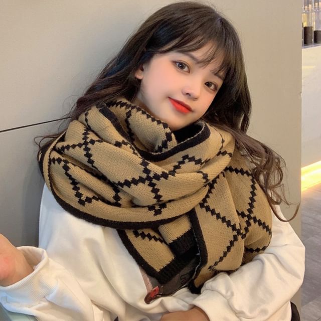 4-4 STUDIO-Plaid Knit Scarf