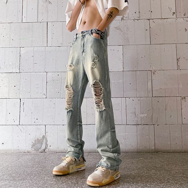 Low Rise Washed Distressed Zip Slit Straight Leg Jeans