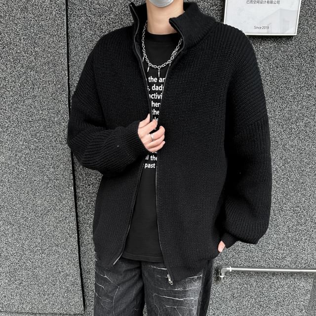 Plummie-Stand Collar Plain Zip Cardigan