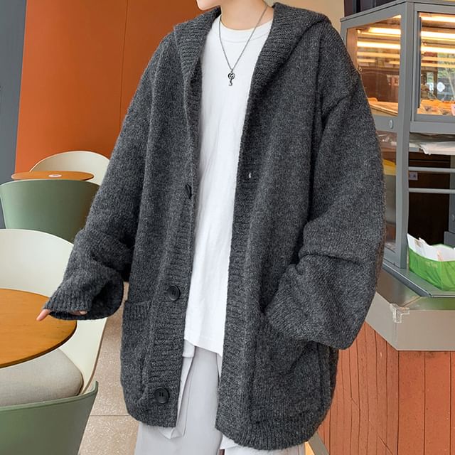 Drawouf-Hooded Button-Up Plain Cardigan