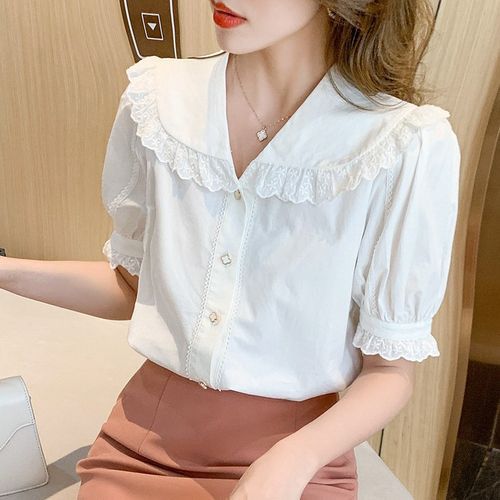 Ruffled Sailor Collar Blouse For Women French Style Short Sleeve Top With  Slimming Fit For Summer 2023 From Berggren, $33.55