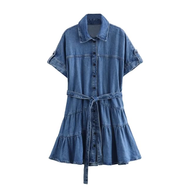 blue dress for baby girl cotton denim wide a-line back pleat shirt dress with collar