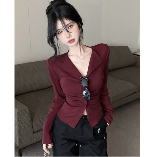 Whoosh-Split Neck Plain Ruched Button-Up Crop Cardigan