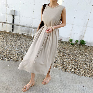 NANING9 - Linen Blend Maxi Tank Dress with Sash | YesStyle