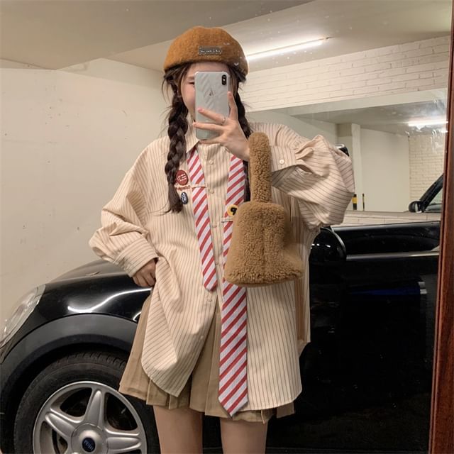 Sienne-Long Sleeve Collared Striped Neck Tie Button Down Shirt