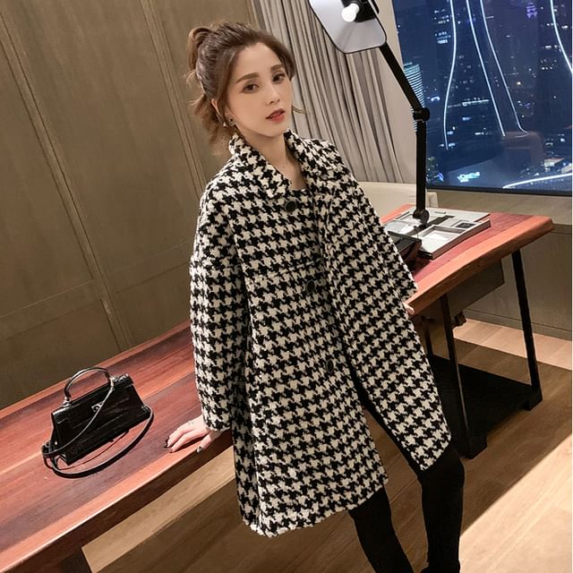 Shinsei-Houndstooth Single-Breasted Coat