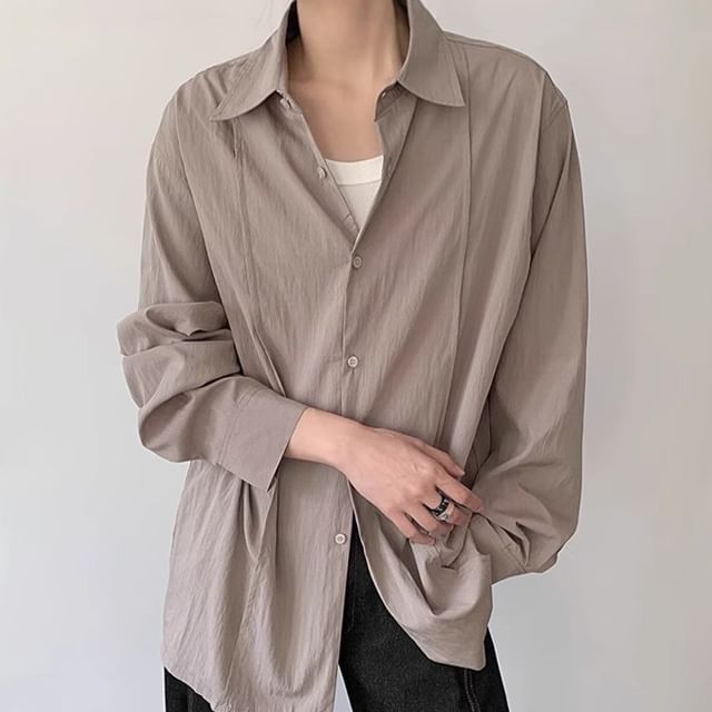 Omozando-Long Sleeve Collared Plain Shirt