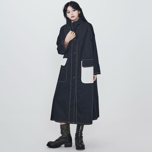 Ravenstem-Stand Collar Two Tone Contrast Stitched Button-Up Long Trench Coat