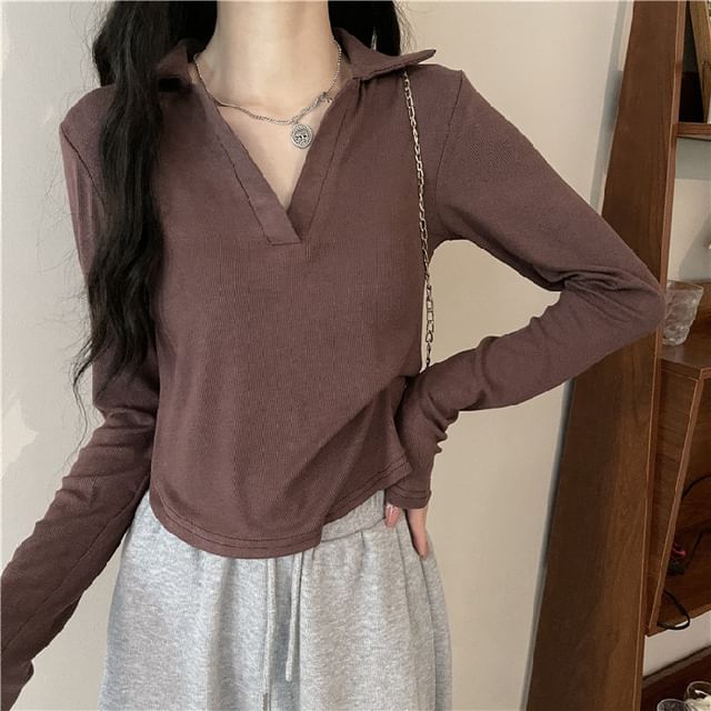 Cloud Nine-Long-Sleeve V-Neck Collared Plain Slim Fit Crop Tee
