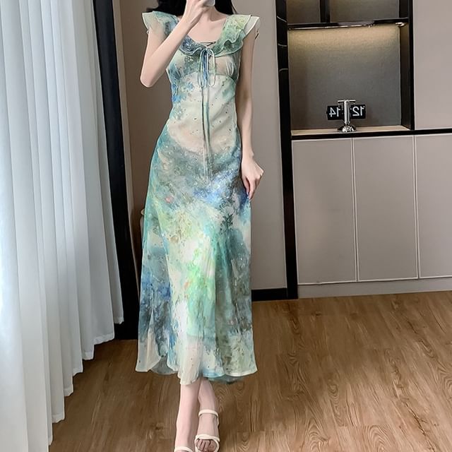 Cassidy - Cap-Sleeve Tie Dye Sheer Maxi A-Line Dress | YesStyle