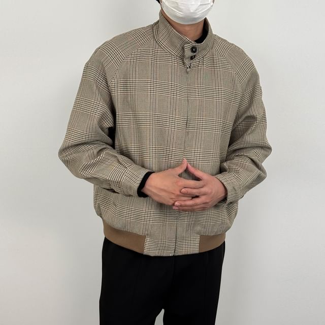 DragonRoad-Stand Collar Houndstooth Zip-Up Jacket