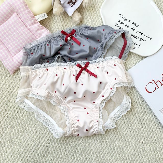 Gecko-Dotted Mesh Panel Lace Trim Panty