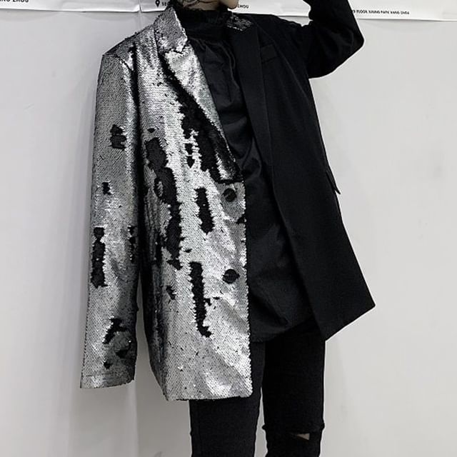 Adothuiastic-Long Sleeve Lapel Collar Sequin Button Blazer
